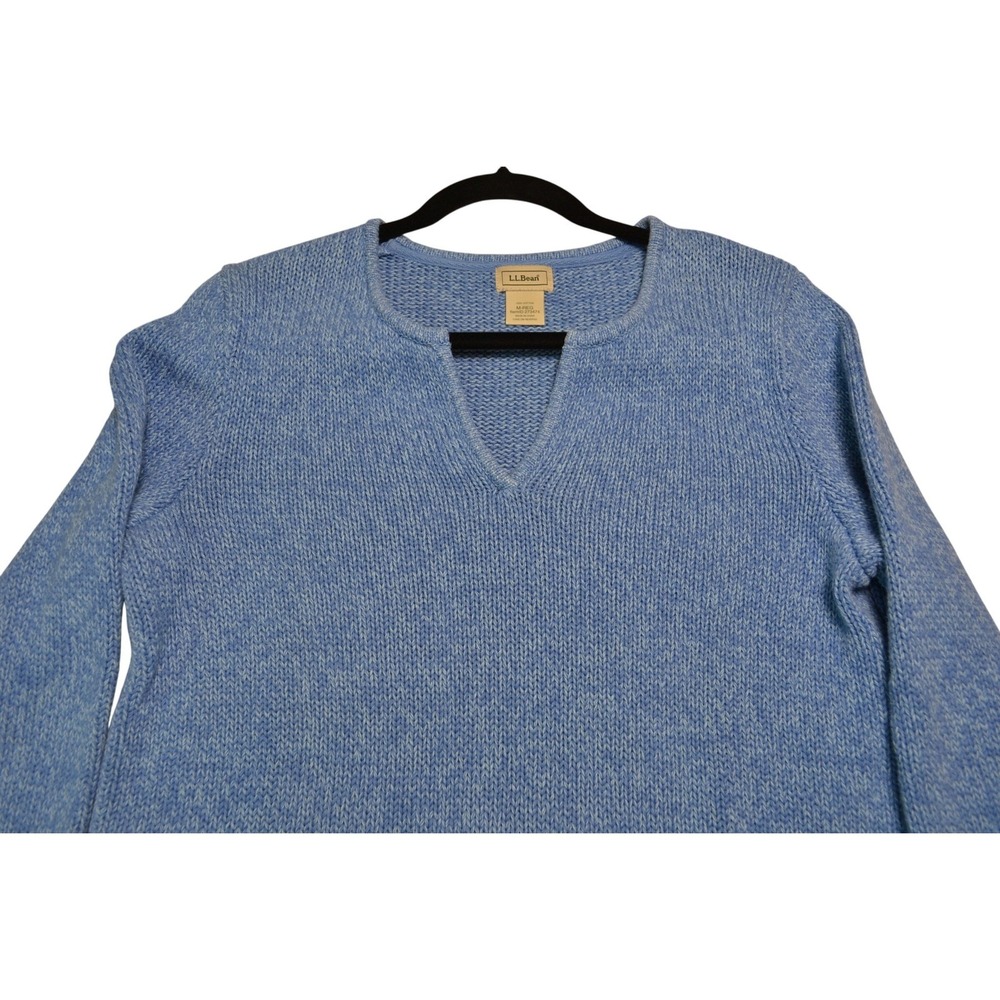 L.L.Bean Cotton Knit V-Neck Sweater Tunic Top Women's Medium Blue Soft‎ Warm